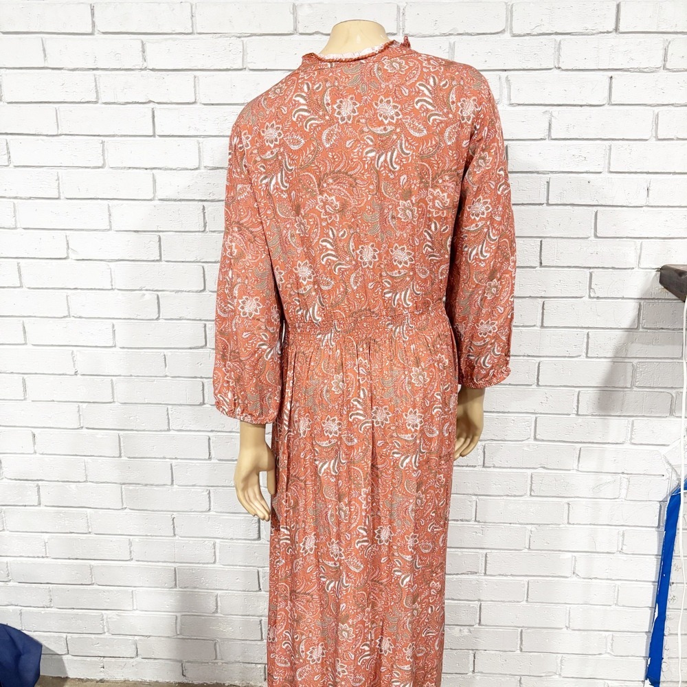 J.Jill Paisley Print Midi Dress Rust Orange Button Neck Ruffle Collar - Size XL - Picture 4 of 8